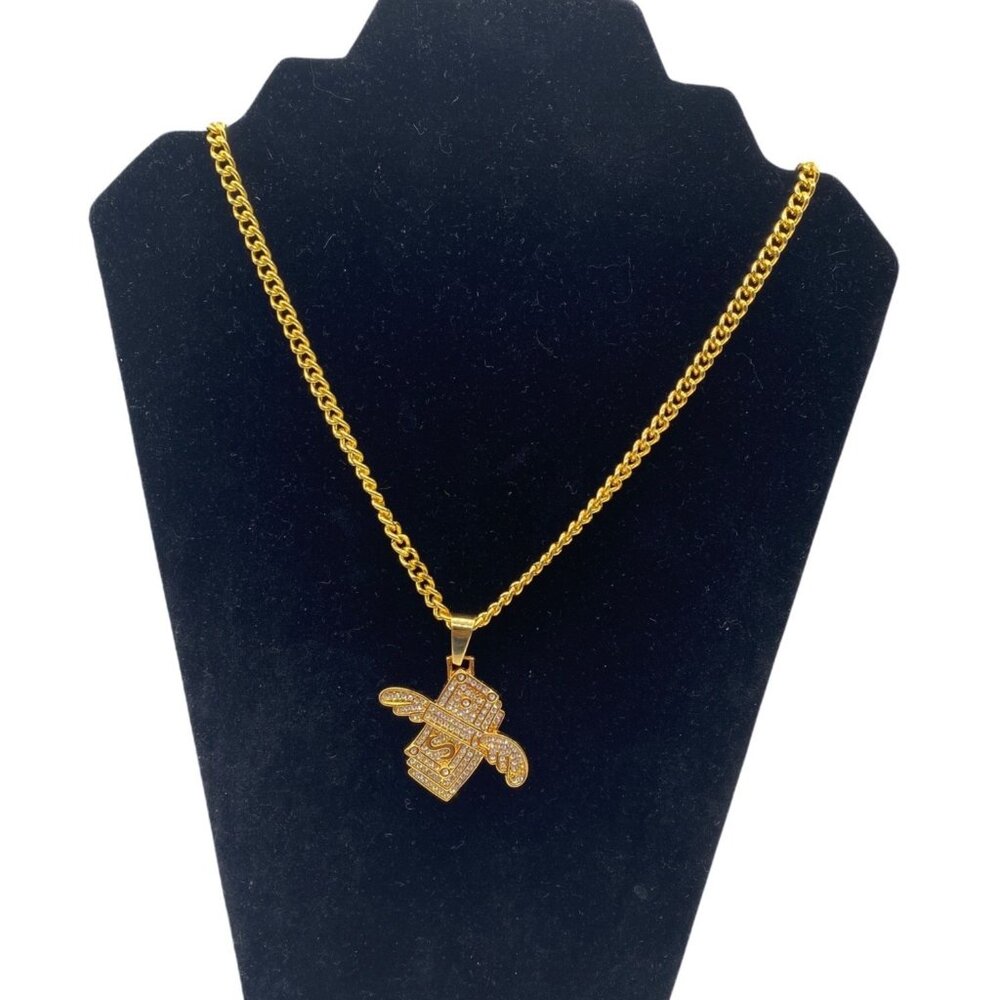 Winged Dollar Bill Pendant Necklace Mens Cuban Chain Gold & Rhinestones‎
